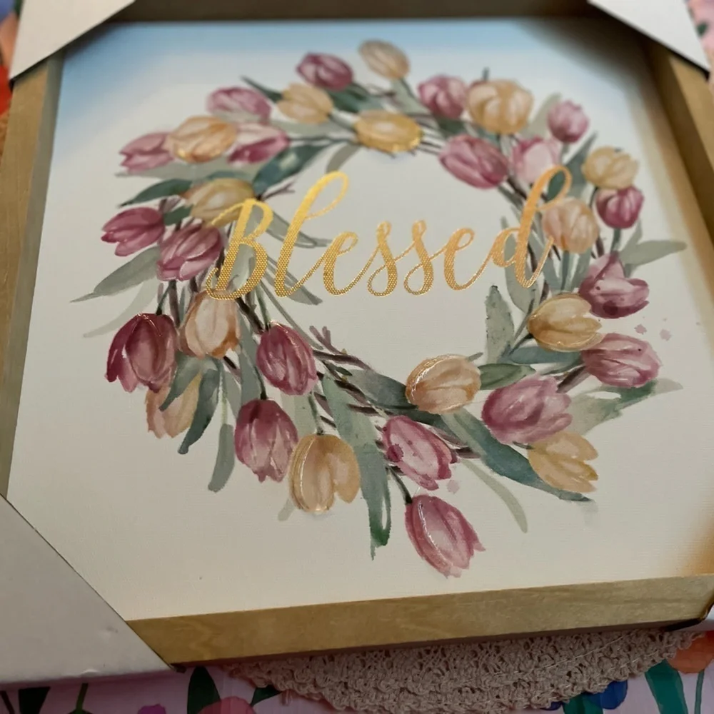 Blessed sign canvas with wood frame boxed Never used .